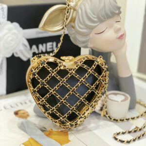 Chanel 2023 CC Heart Minaudiere Black & Gold Metal Clutch mirrror 1:1